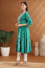 Green Rayon A Line Embroidered Kurta