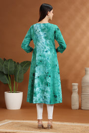 Green Rayon A Line Embroidered Kurta