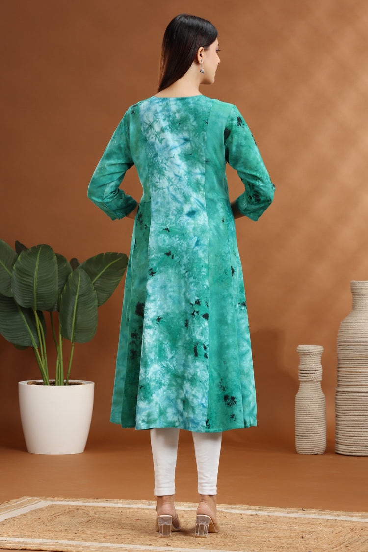 Green Rayon A Line Embroidered Kurta
