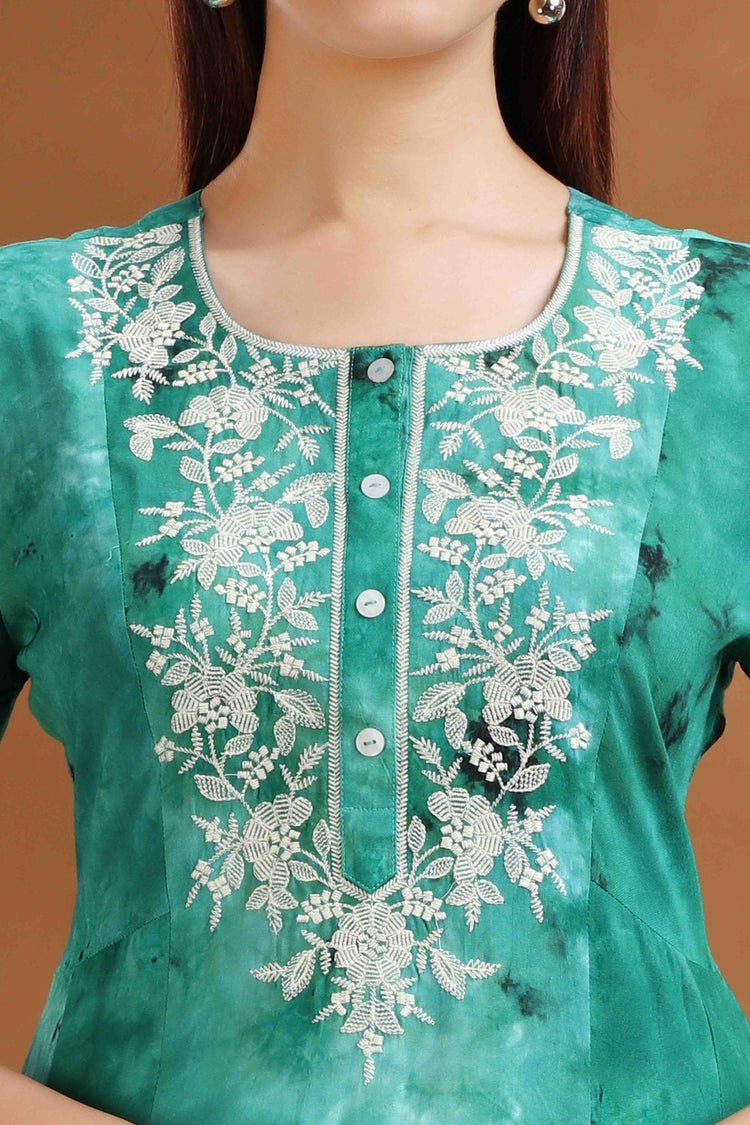 Green Rayon A Line Embroidered Kurta