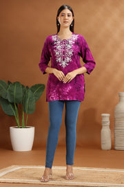 Purple Rayon Embroidered Short Kurta