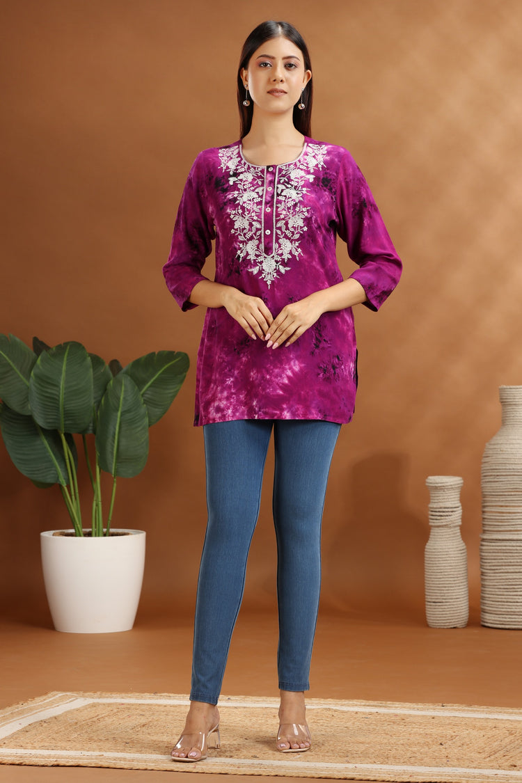 Purple Rayon Embroidered Short Kurta