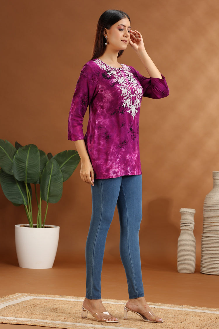 Purple Rayon Embroidered Short Kurta