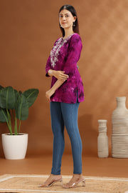 Purple Rayon Embroidered Short Kurta