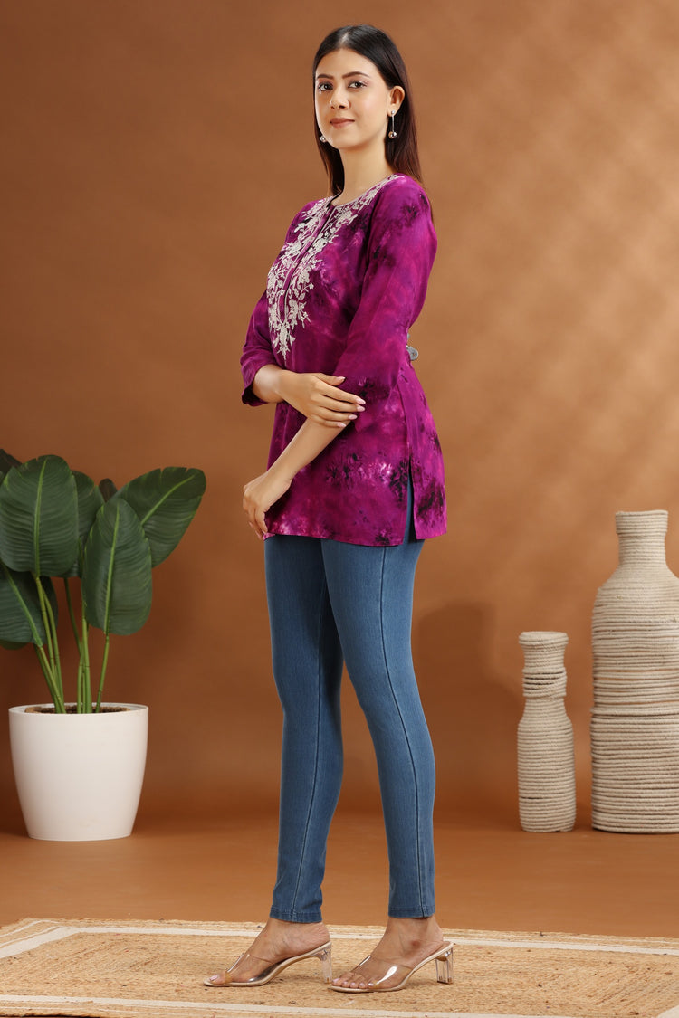 Purple Rayon Embroidered Short Kurta