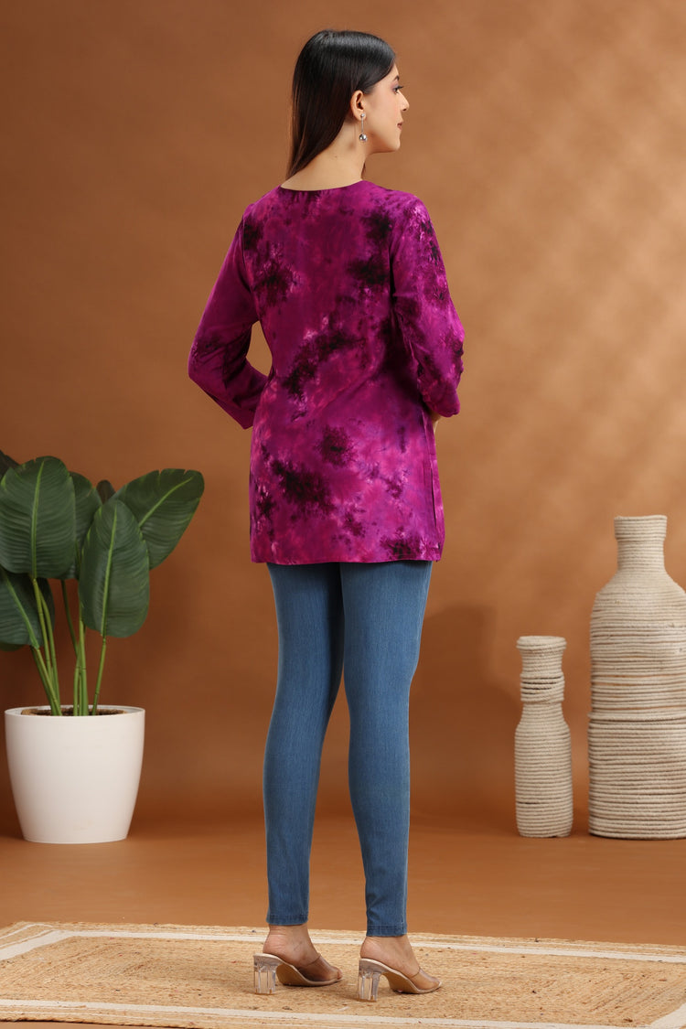 Purple Rayon Embroidered Short Kurta