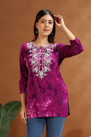 Purple Rayon Embroidered Short Kurta