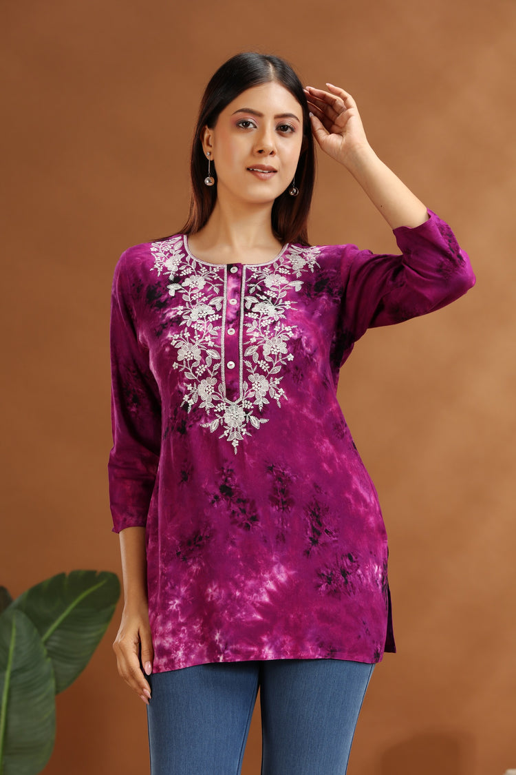 Purple Rayon Embroidered Short Kurta