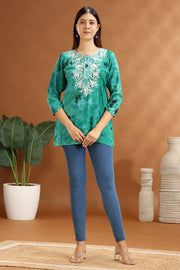 Green Rayon Embroidered Short Kurta
