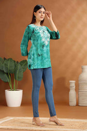 Green Rayon Embroidered Short Kurta