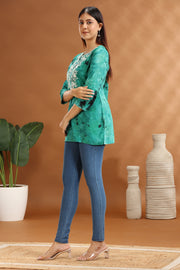 Green Rayon Embroidered Short Kurta