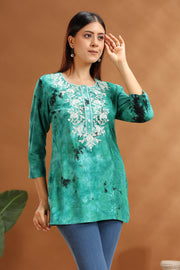 Green Rayon Embroidered Short Kurta