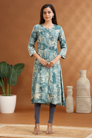 Sea Green Jaipuri Cotton A Line Printed Kurta