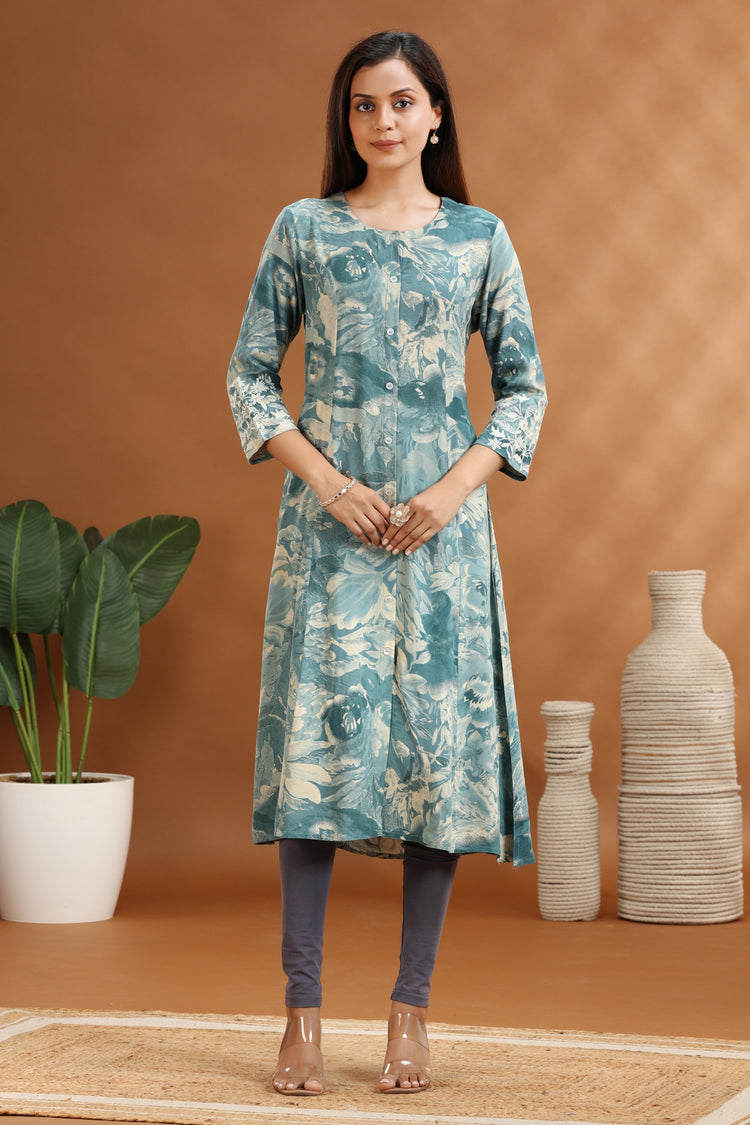 Sea Green Jaipuri Cotton A Line Printed Kurta
