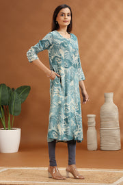 Sea Green Jaipuri Cotton A Line Printed Kurta