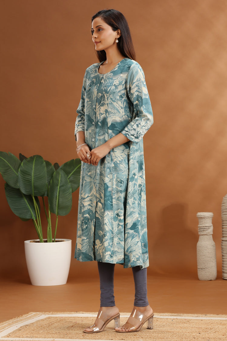 Sea Green Jaipuri Cotton A Line Printed Kurta
