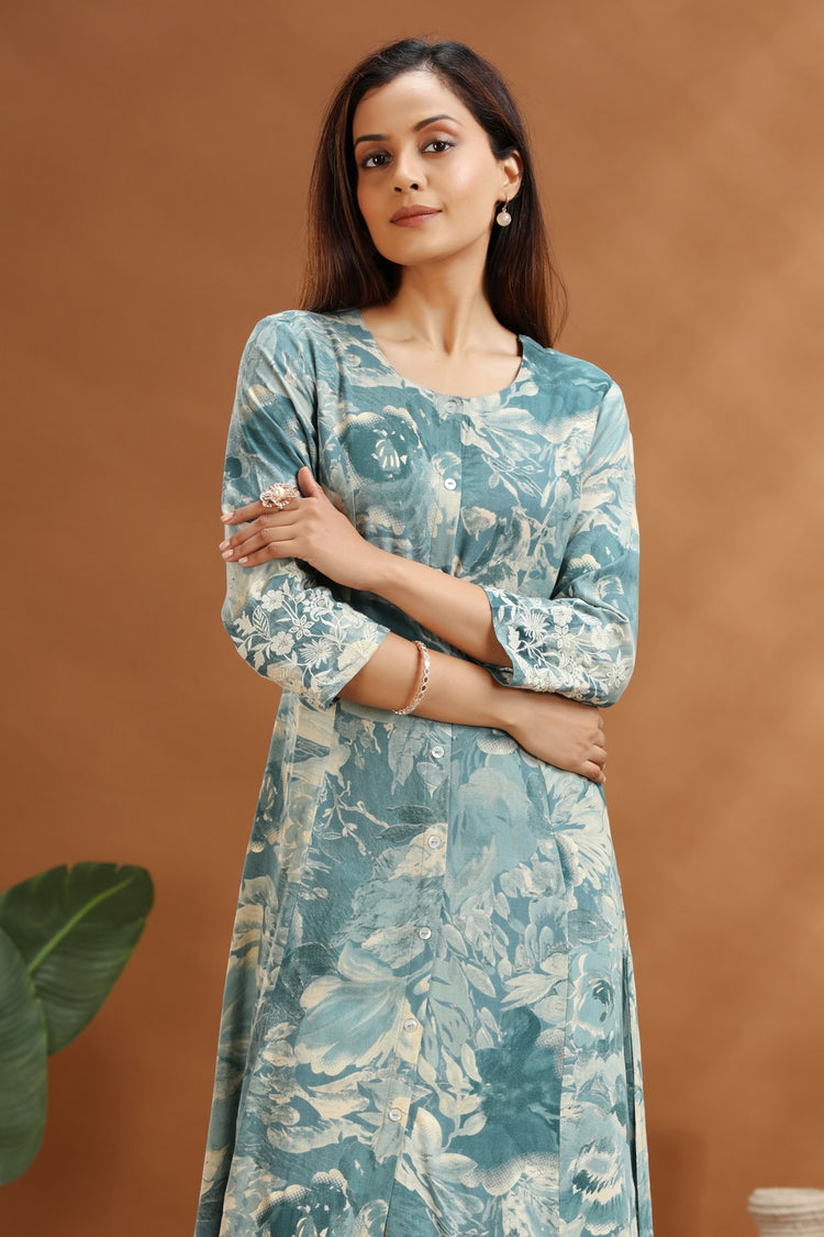 Sea Green Jaipuri Cotton A Line Printed Kurta
