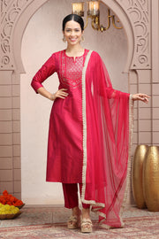 Rani Pink PolySilk A Line Embroidered Kurta Pant Suit Set