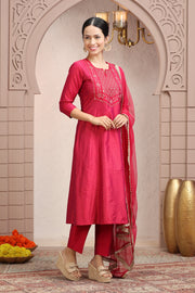 Rani Pink PolySilk A Line Embroidered Kurta Pant Suit Set