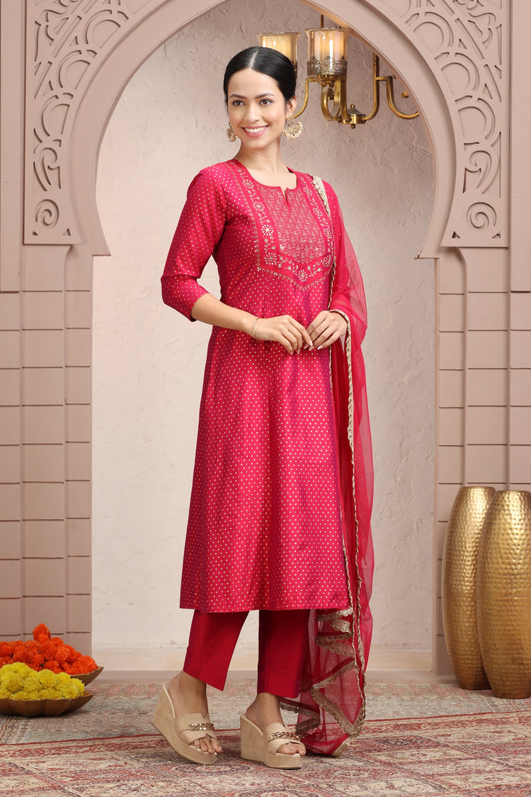 Rani Pink PolySilk A Line Embroidered Kurta Pant Suit Set