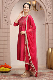 Rani Pink PolySilk A Line Embroidered Kurta Pant Suit Set