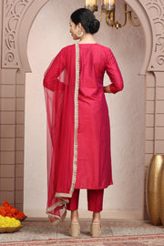 Rani Pink PolySilk A Line Embroidered Kurta Pant Suit Set