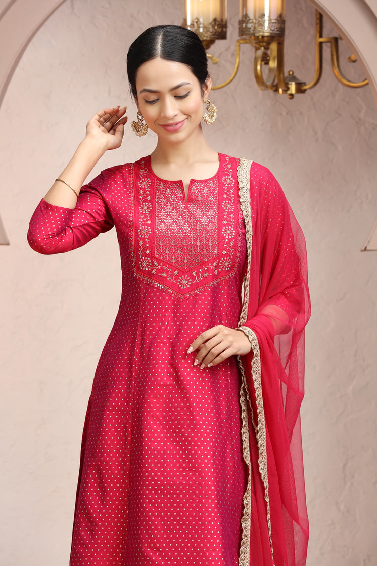 Rani Pink PolySilk A Line Embroidered Kurta Pant Suit Set