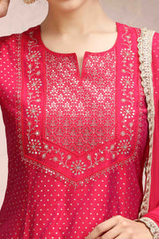 Rani Pink PolySilk A Line Embroidered Kurta Pant Suit Set