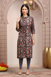 Black & Pink Cotton Straight Printed Kurta