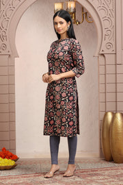Black & Pink Cotton Straight Printed Kurta