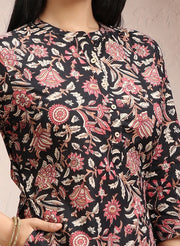 Black & Pink Cotton Straight Printed Kurta