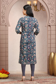 Blue & Pink Cotton Straight Printed Kurta