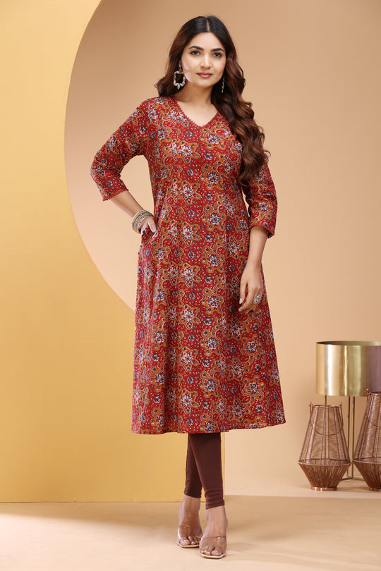 Maroon Jaipuri Cotton A Line Printed Kurta for women