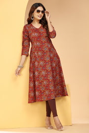 Maroon Jaipuri Cotton A Line Printed Kurta for women