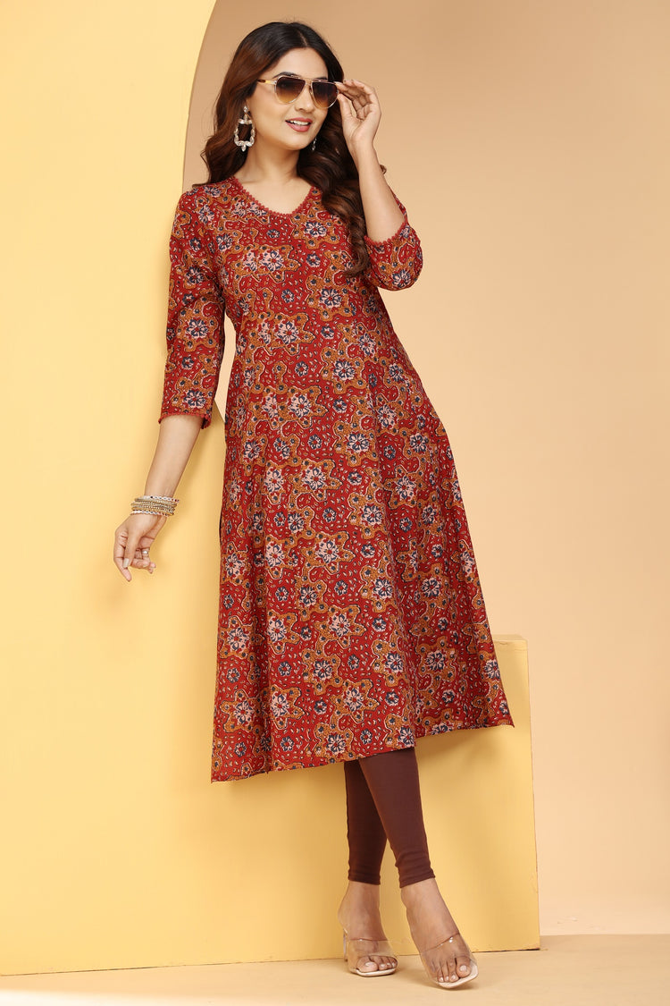 Maroon Jaipuri Cotton A Line Printed Kurta for women