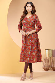Maroon Jaipuri Cotton A Line Printed Kurta for women