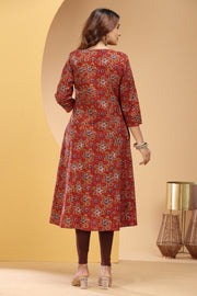 Maroon Jaipuri Cotton A Line Printed Kurta for women