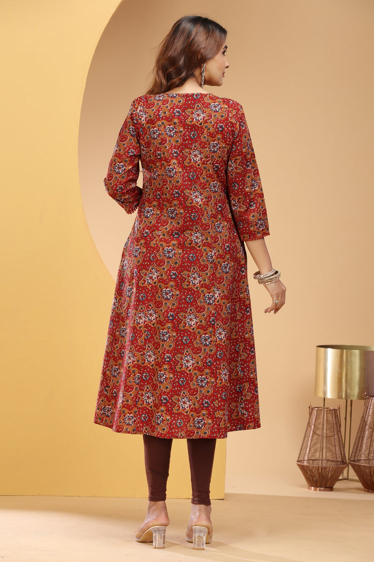 Maroon Jaipuri Cotton A Line Printed Kurta for women