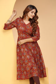 Maroon Jaipuri Cotton A Line Printed Kurta for women