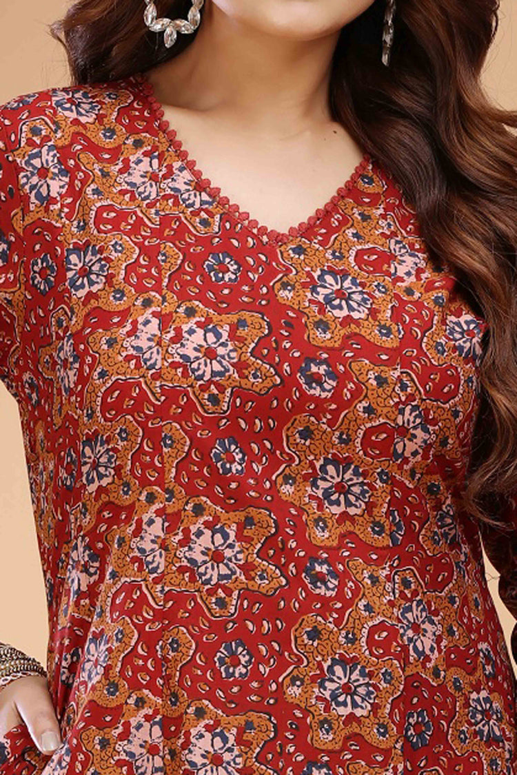 Maroon Jaipuri Cotton A Line Printed Kurta for women
