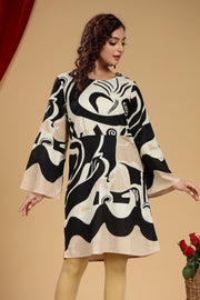 Black & Beige Cotton Slub Flared Dress