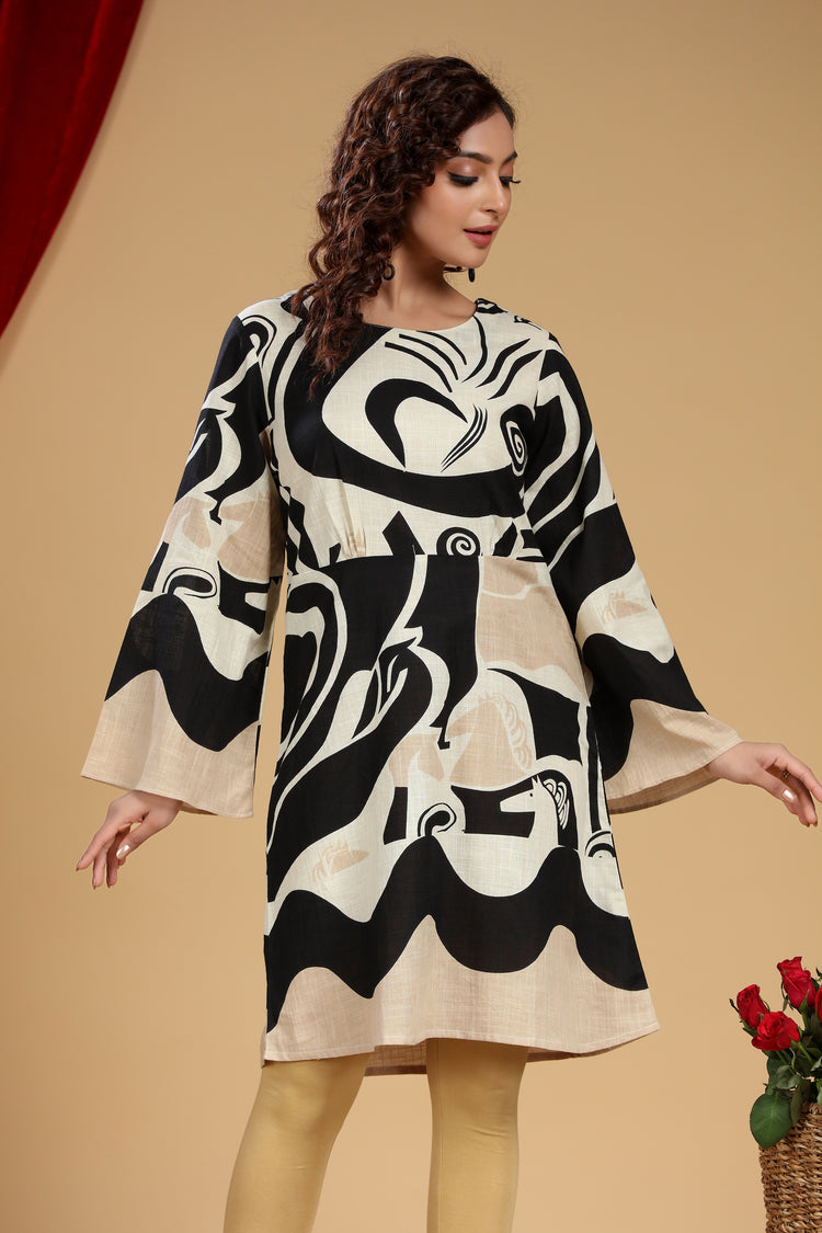 Black & Beige Cotton Slub Flared Dress