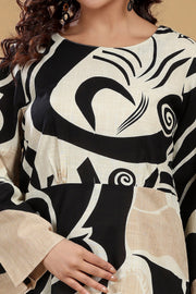 Black & Beige Cotton Slub Flared Dress