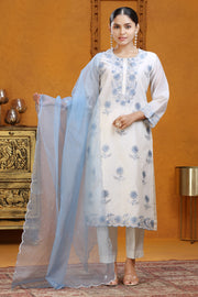 Off White Chanderi Straight Embroidered Kurat Pants and Dupatta Set