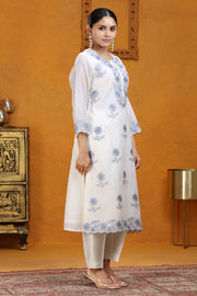Off White Chanderi Straight Embroidered Kurat Pants and Dupatta Set