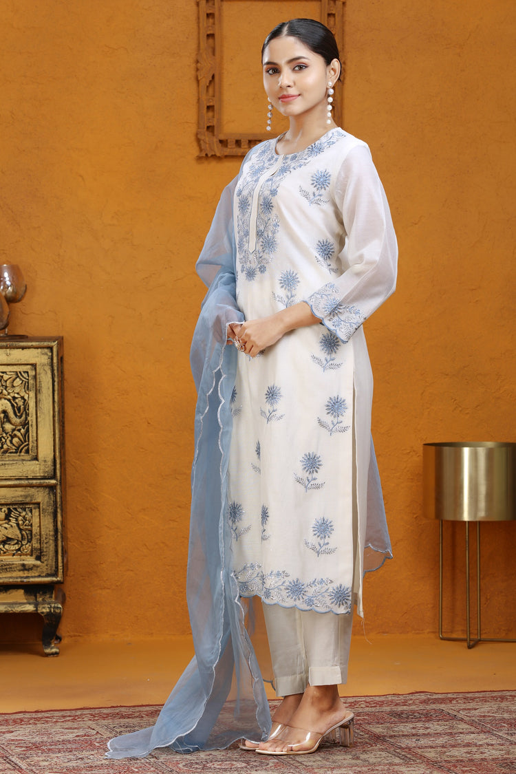 Off White Chanderi Straight Embroidered Kurat Pants and Dupatta Set