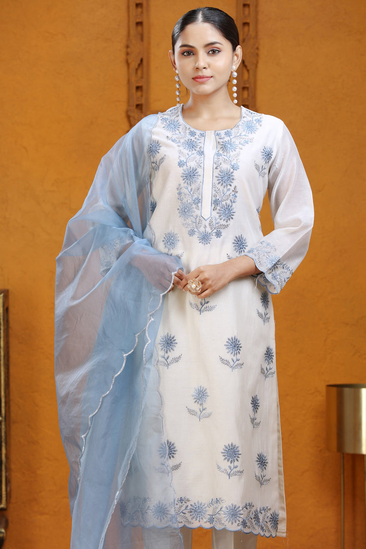Off White Chanderi Straight Embroidered Kurat Pants and Dupatta Set