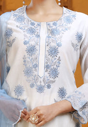 Off White Chanderi Straight Embroidered Kurat Pants and Dupatta Set