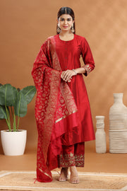 Dark Red PolySilk A Line Embroidered Kurta Pant Suit Set