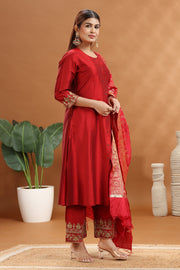 Dark Red PolySilk A Line Embroidered Kurta Pant Suit Set